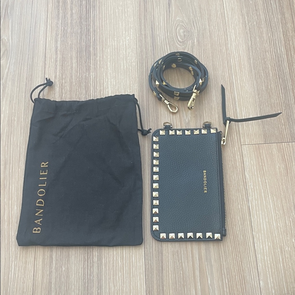 Bandolier Black Phone Pouch /Strap with Gold Studded Accents